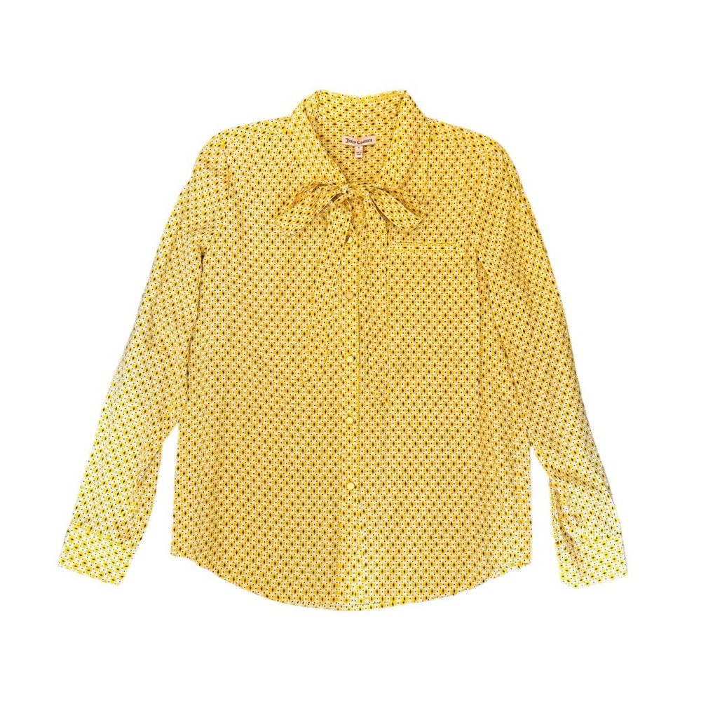 NWT Juicy Couture Tie Neck Long Sleeve Button Up Yellow Shirt Size 4 Small
